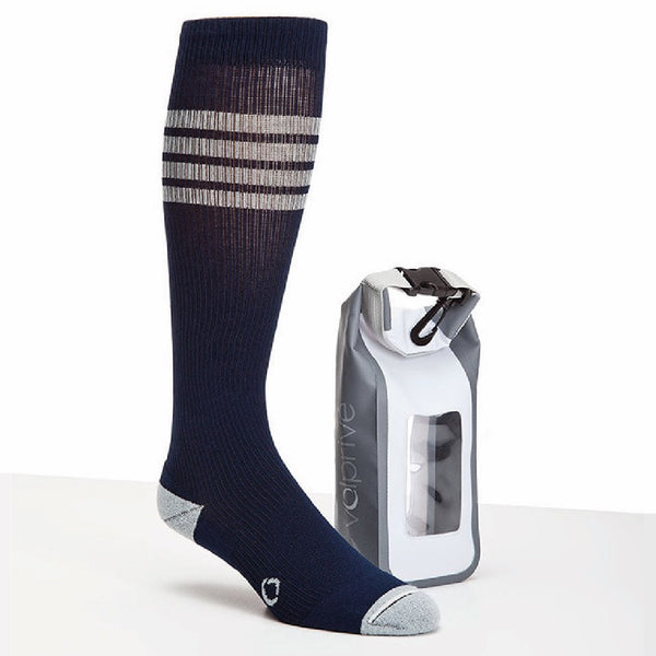 Bas de compression bleu marine et rayures grises et sac au sec / Navy blue with grey stripes Volprivé compressive sock with dry bag.