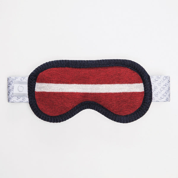 Masque de sommeil de nuit lesté en forme de lunette de ski rouge et bleu marine / Weighted sleep night mask ski goggle shape red and navy made in Canada by Volprivé.