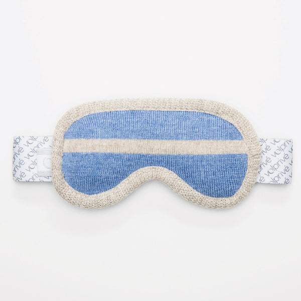 Masque de sommeil de nuit lesté en forme de lunette de ski bleu pâle et beige / Weighted sleep night mask ski goggle shape light blue beige made in Canada by Volprivé.