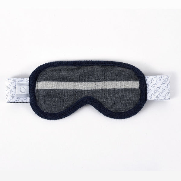 Masque de sommeil de nuit lesté en forme de lunette de ski gris et bleu marine / Weighted sleep night mask ski goggle shape grey and navy blue made in Canada by Volprivé.