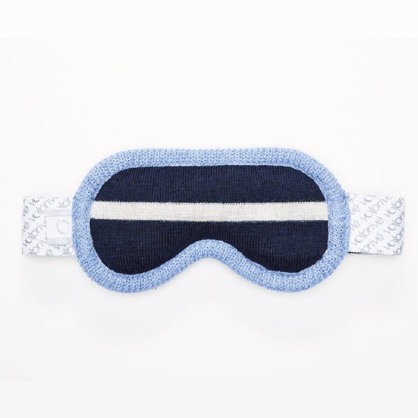 Masque de sommeil de nuit lesté en forme de lunette de ski bleu marine et bleu pâle / Weighted sleep night mask ski goggle shape navy and light blue made in Canada by Volprivé.