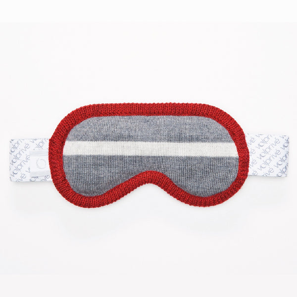 Masque de sommeil de nuit lesté en forme de lunette de ski gris et rouge / Weighted sleep night mask ski goggle shape grey and red made in Canada by Volprivé.
