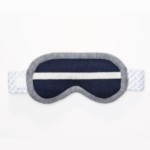 Masque de sommeil de nuit lesté en forme de lunette de ski bleu marine et gris / Weighted sleep night mask ski goggle shape navy blue and grey made in Canada by Volprivé.