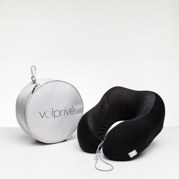 Classic luxury travel pillow black merino wool with transport bag. Volprivé made in Canada